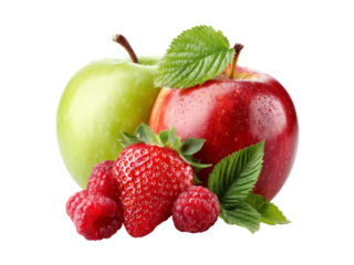 Fresh red apple green apple strawberry raspberry fruit still life, Isolated On White Background, Png Transparent