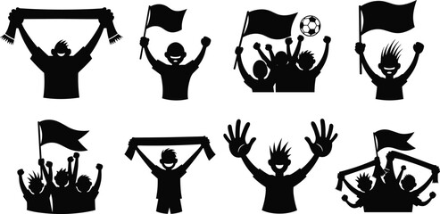 Football fans cheering, waving flags, celebrating team victory, holding scarves, soccer supporters silhouettes, sports enthusiasm, crowd excitement, match celebration