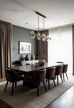 A sophisticated modern dining room featuring a long dark table, comfortable chairs, and a linear globe chandelier, creating a chic and inviting atmosphere.
