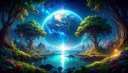 Fototapeta premium Conceptual eco-art illustration showing Earth surrounded by a luminous ozone shield, vibrant forests and oceans, symbolizing environmental protection and sustainability.