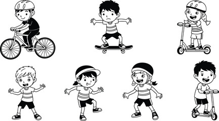 Happy kids riding bikes, scooters, skateboards, active children playing outdoors, fun activity, childhood sports, healthy lifestyle, cartoon illustration