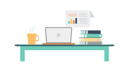 Minimalist workspace setup with laptop, coffee, books, and business report for freelance, education, and digital tasks