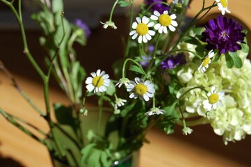 テーブルの上の緑色の花瓶に生けられた白い花や紫の花に日の光が当たっている