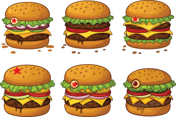 Delicious cartoon cheeseburger illustration set, fast food burger collection, tasty sandwich design, restaurant menu artwork