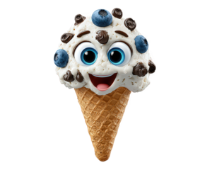 Smiling cartoon ice cream cone with blueberry and chocolate chip topping, cheerful face, blue eyes, and waffle cone, isolated on transparency background, playful and fun dessert illustration