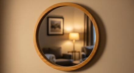 A modern, circular mirror with a light wooden frame hangs on a neutral wall. The mirror reflects a cozy, blurry interior scene featuring a soft armchair, a glowing table lamp