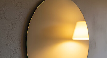 A close-up of a modern, oval mirror on a textured gray wall, reflecting the soft, warm light of a table lamp. The reflection creates a peaceful and inviting atmosphere, perfect for a home decor 