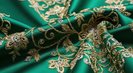 Obraz premium Luxurious Emerald Green Fabric with Intricate Gold Embroidery and Beads