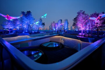 Enchanting Luminescent Forest Gardenscape Illuminated by Vibrant Artificial Lights