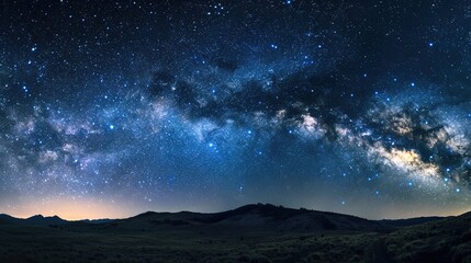Milky way panorama as background image. Night starry sky with stars, planets, constellations and galaxies