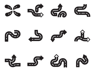 Set of Black and White Road Arrow Icons for Direction and Wayfinding, a collection of vector road arrow icons in a simple, modern design.