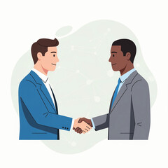 Fototapeta premium An illustration of two diverse businessmen in formal suits shaking hands, symbolizing a partnership or agreement.