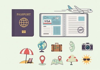 Naklejka premium Planning adventures illustration featuring documents and travel accessories icons