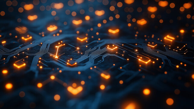 Nano-scale circuit pattern zoomed in on transistor nodes and paths