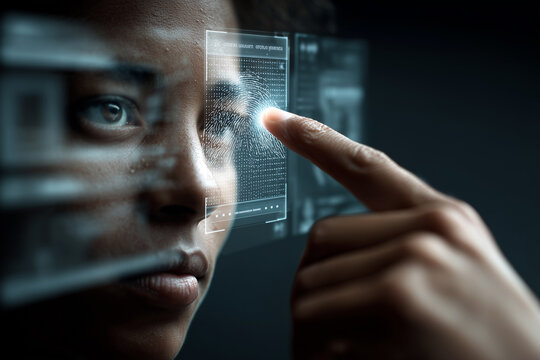 Biometric facial scan animation with futuristic verification interface and data overlay.