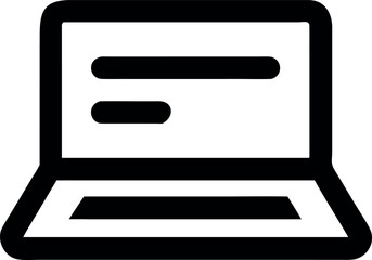 Minimalist laptop icon with text lines on the screen. Simple line art symbol representing remote work, digital communication, and online education