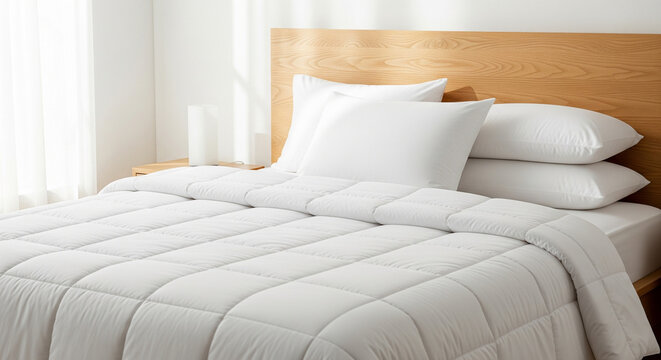 A modern and inviting bed is meticulously made with a quilted white duvet and plump pillows, creating a sense of clean comfort and luxury - Powered by Adobe