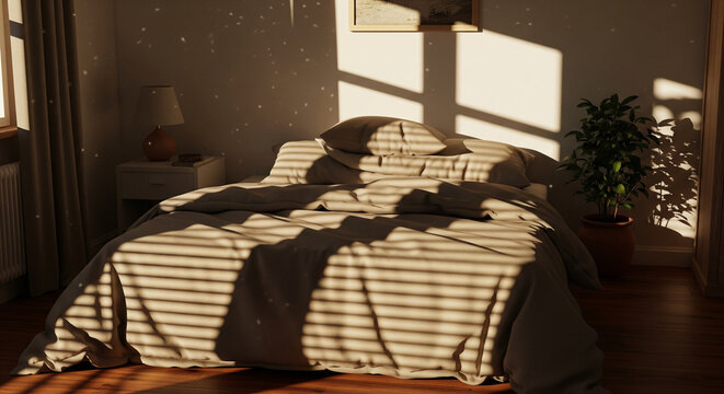 A cozy bedroom is bathed in warm, golden light during sunrise or sunset. The sunlight streams through blinds, casting striking horizontal shadows across the bed and the wooden floor