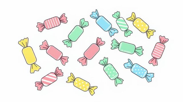 Pastel Wrapped Candies Minimalist Illustration - A scattering of pastel-colored wrapped candies in various patterns on a white background. One candy is shown unwrapped, with its contents spilling out.