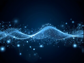 Futuristic Glowing Network Graphic – Light Blue Interconnected Nodes & Particles on Deep Blue Background