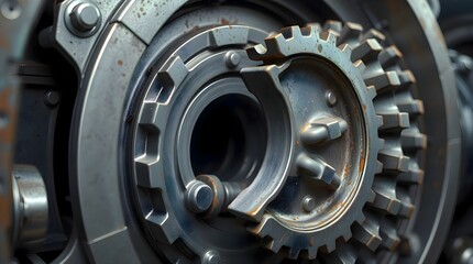 Close up of a metal gear wheel on a machine showing mechanical parts, technical components, and industrial machinery for mechanical study and technical observation