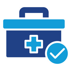 Medical Supplies Glyph Blue Silhouette Icon Design Vector - First aid kit with check mark, representing reliable medical supply stockpiling