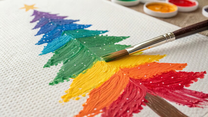 Obraz premium Rainbow Christmas Tree Painting on Canvas with Acrylics