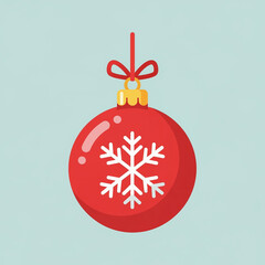 A red Christmas bauble ornament with a white snowflake design hanging from a red ribbon bow.