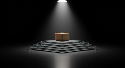 A captivating studio shot showcases a small, elevated platform, illuminated by a single, focused light source, creating a dramatic and mysterious atmosphere with deep shadows.
