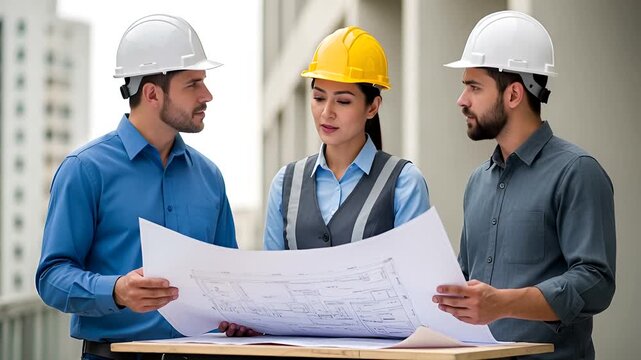 Construction Professionals Teamwork: Diverse Architects Collaborating on Building Blueprint and