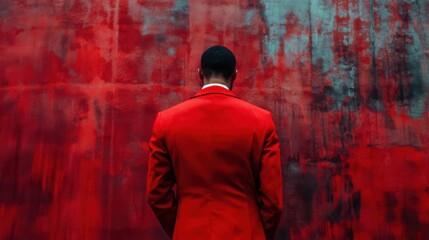 Man in red attire, viewed from back.