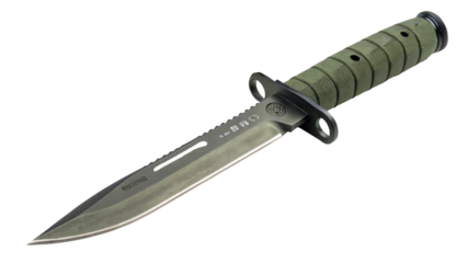 Military combat knife with green handle isolated on white background
