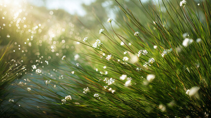 High-definition, high-resolution photograph of tall green grass and small white flowers against a bright, hazy sun, creating a magical glow and intense lens flares, full of natural beauty.