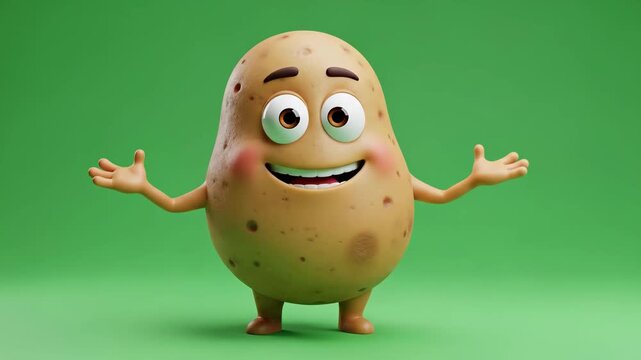 Happy Cartoon Potato on Green Screen - A cheerful 3D-video cartoon potato with expressive arms and face stands against a green screen background.