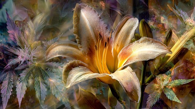 Artistic composition of a radiant lily with medicinal herbs and tobacco overlays, highlighting the balance between ornamental allure and economic cultivation