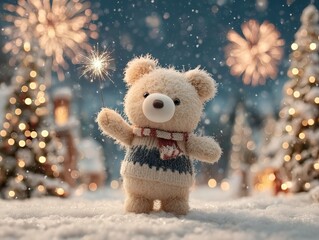 A little bear doll celebrating Christmas