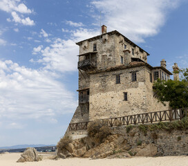 Byzantine Coastal Tower Overlooking the Aegean Sea in Ouranoupolis, Greece