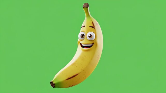 Happy Cartoon Banana on Green Screen - A cheerful, expressive cartoon banana with large eyes and a friendly smile is shown against a vibrant green screen background.