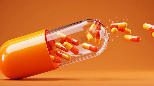 Large orange medical capsule open in half, with pills spilling out on orange background