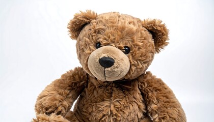 A plush teddy bear, light brown in color, sits against a plain white background, its expression friendly and welcoming.