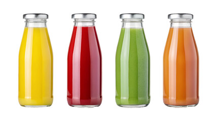 Colorful juice bottles with different flavors isolated on white background

