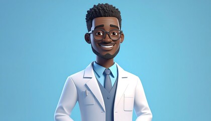 A cheerful cartoon doctor in a white coat, smiling confidently against a light-blue background, portrays a positive and friendly character design.