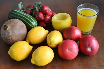 Fresh Juicy Fruits Lemons Strawberries Pomegranate Glass Juice