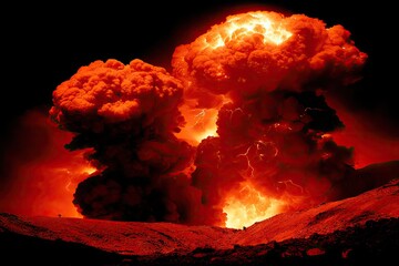 Massive fiery explosion, billowing red clouds against a dark sky