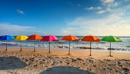 colorful beach umbrellas arranged in a row on sandy shore with gentle waves lapping at the beach creating a vibrant and inviting coastal atmosphere for relaxation and leisure