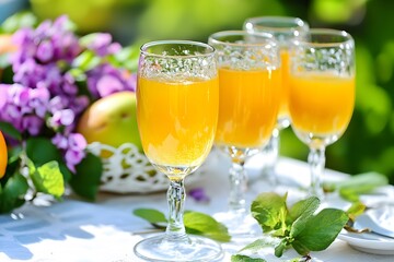 Refreshing Sparkling Apple Juice in Glasses Outdoor Setting