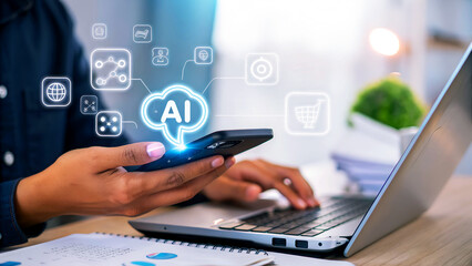 Artificial intelligence concept with person using smartphone and laptop for innovative technology and machine learning in modern business and communication