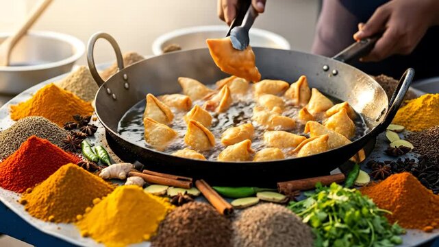 Crispy Samosas Frying in Wok with Spices - Close-up shot of samosas deep-frying in a wok, surrounded by a vibrant array of Indian spices. A hand uses tongs to turn the golden-brown samosas.