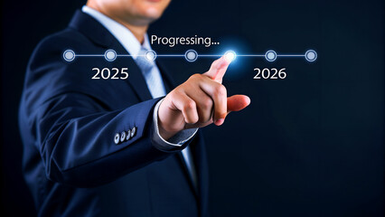 Businessman pointing at future progress timeline, concept of business development, planning, strategy, success, and achievement in the coming years