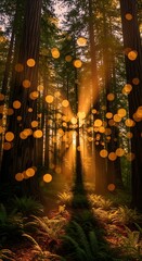 Enchanted woodland sunrise filtering through the dense redwood trees